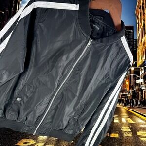New Look Bomber Jacket‎ L Black White Stripe Y2K Street Party Shiny